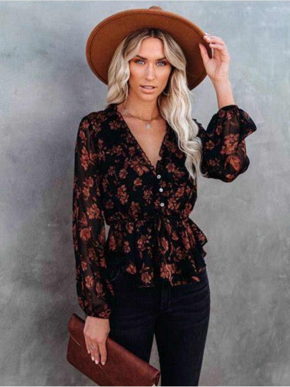 VICI Black Sheer Blouse with Rust Floral Pattern